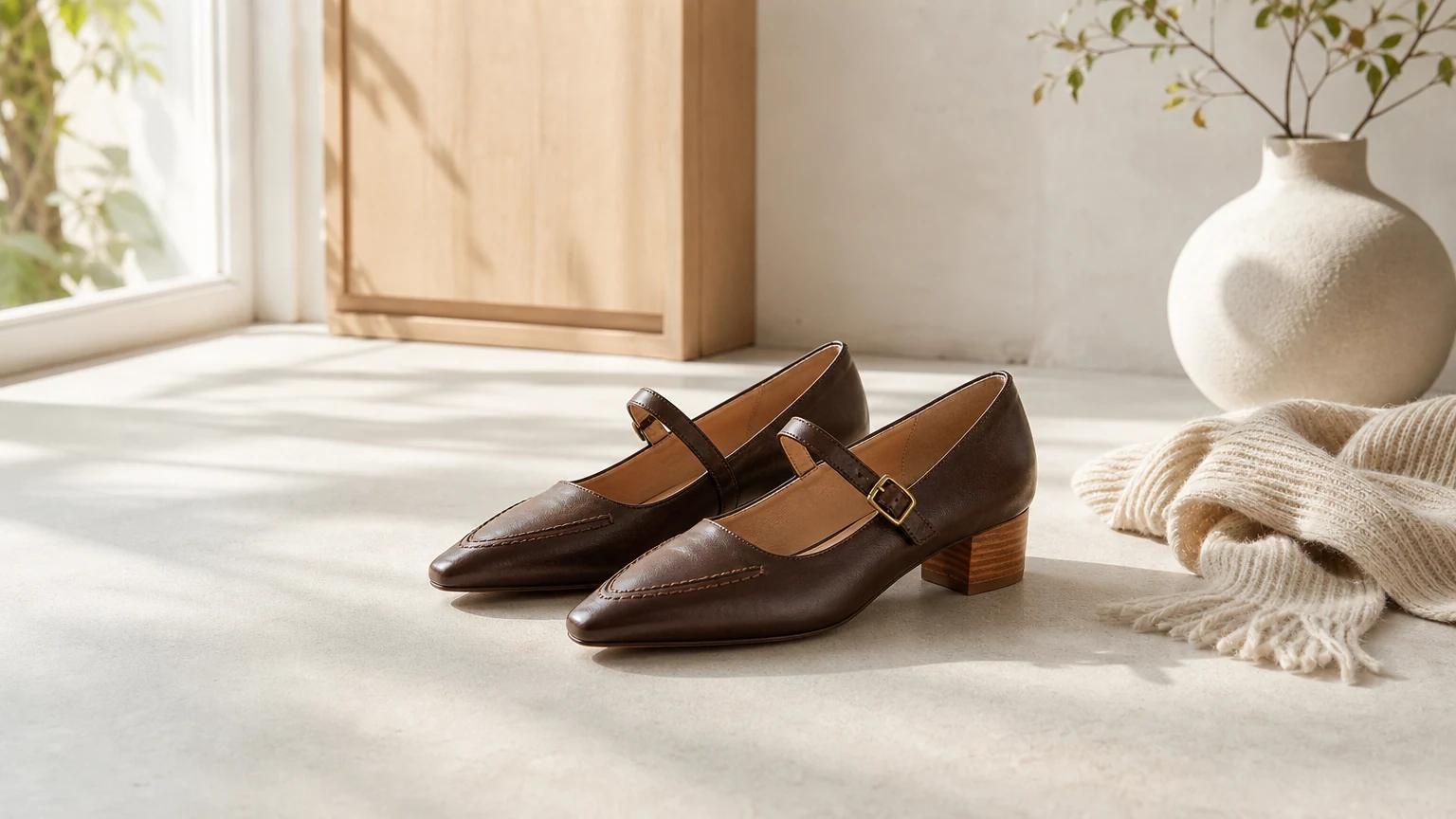 Zapatos de vestir de tacón bajo con correa de hebilla vintage diseñados en una escena horizontal