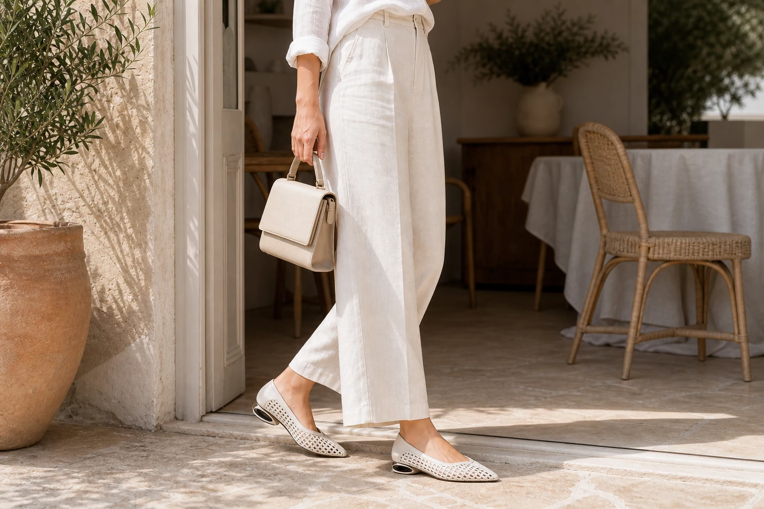 Zapatos planos con punta texturizada en una escena de estilo de vida