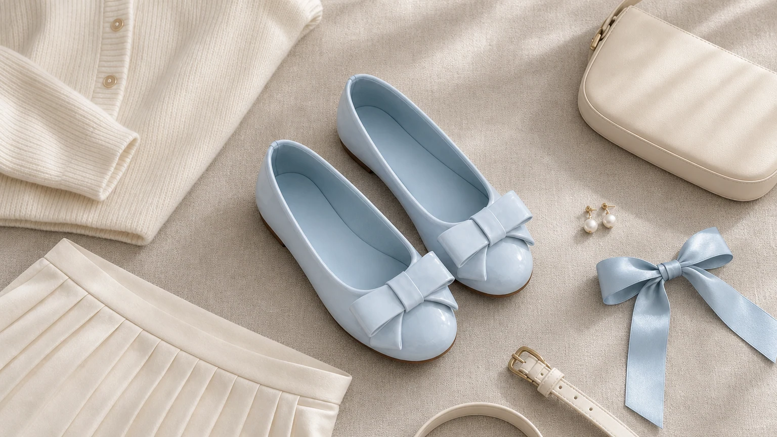 Zapatos planos de vestir con lazo brillante diseñados en una escena horizontal