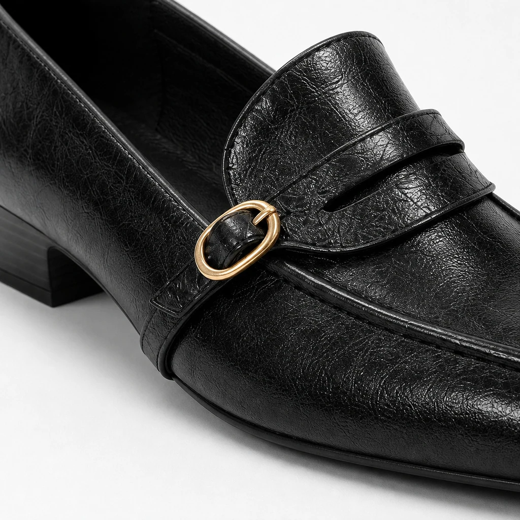 Détail en gros plan de la texture du mocassin en cuir, des coutures et de la finition de la boucle