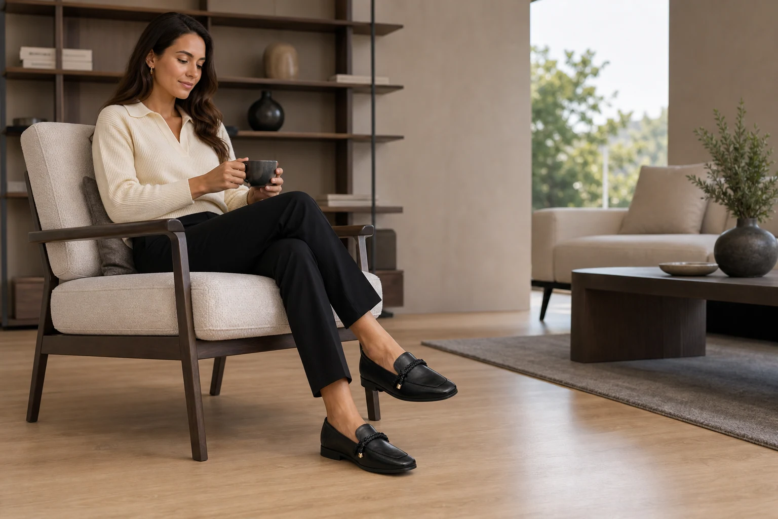 Scène de style de vie en contexte avec des mocassins noirs à bout carré