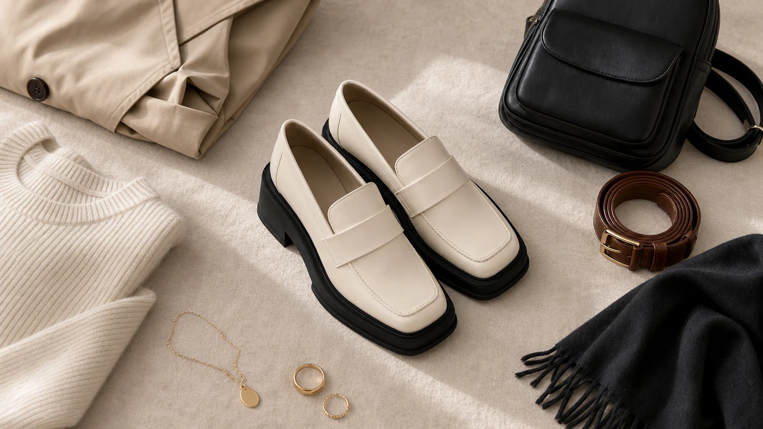 Smart casual lightweight dress loafers styled in a clean workwear scene