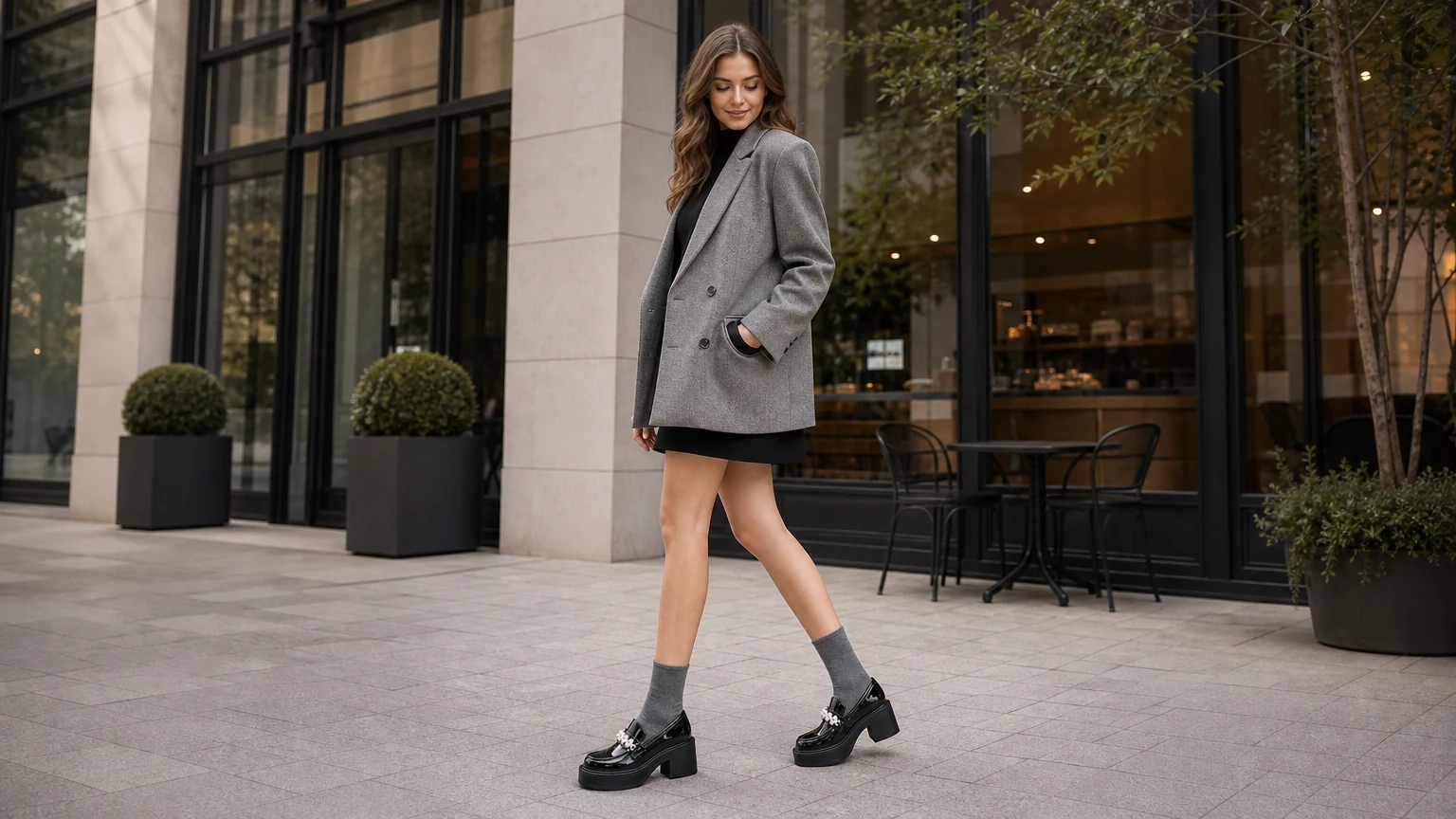 Glossy pearl-accent chunky loafers styled in a horizontal scene
