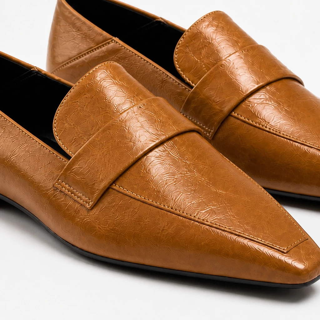 Close-up detail of the polished microfiber leather upper and loafer construction