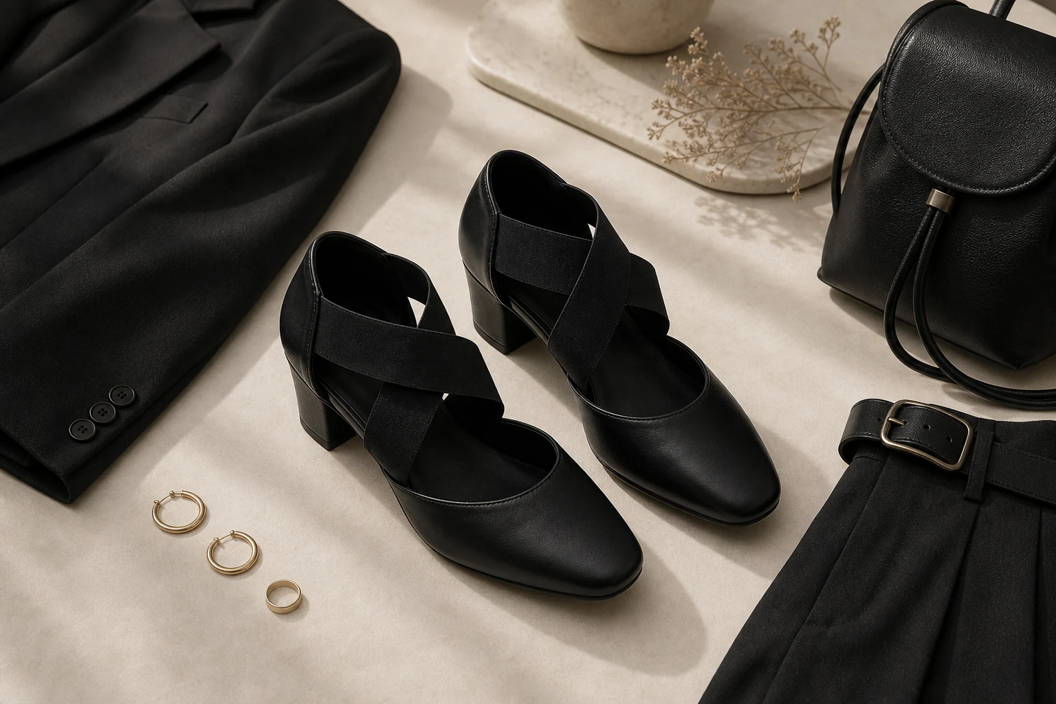 Talons Mary Jane stylés dans une scène de style de vie avec la paire complète visible