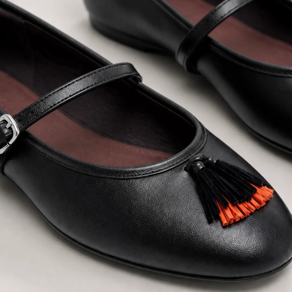 Primer plano del detalle del zapato plano Mary Jane de textura suave