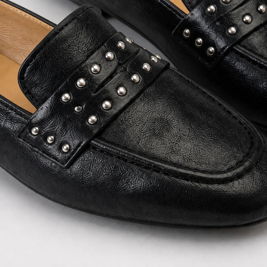 Gros plan sur les coutures raffinées, les accents perforés et le détail supérieur du mocassin