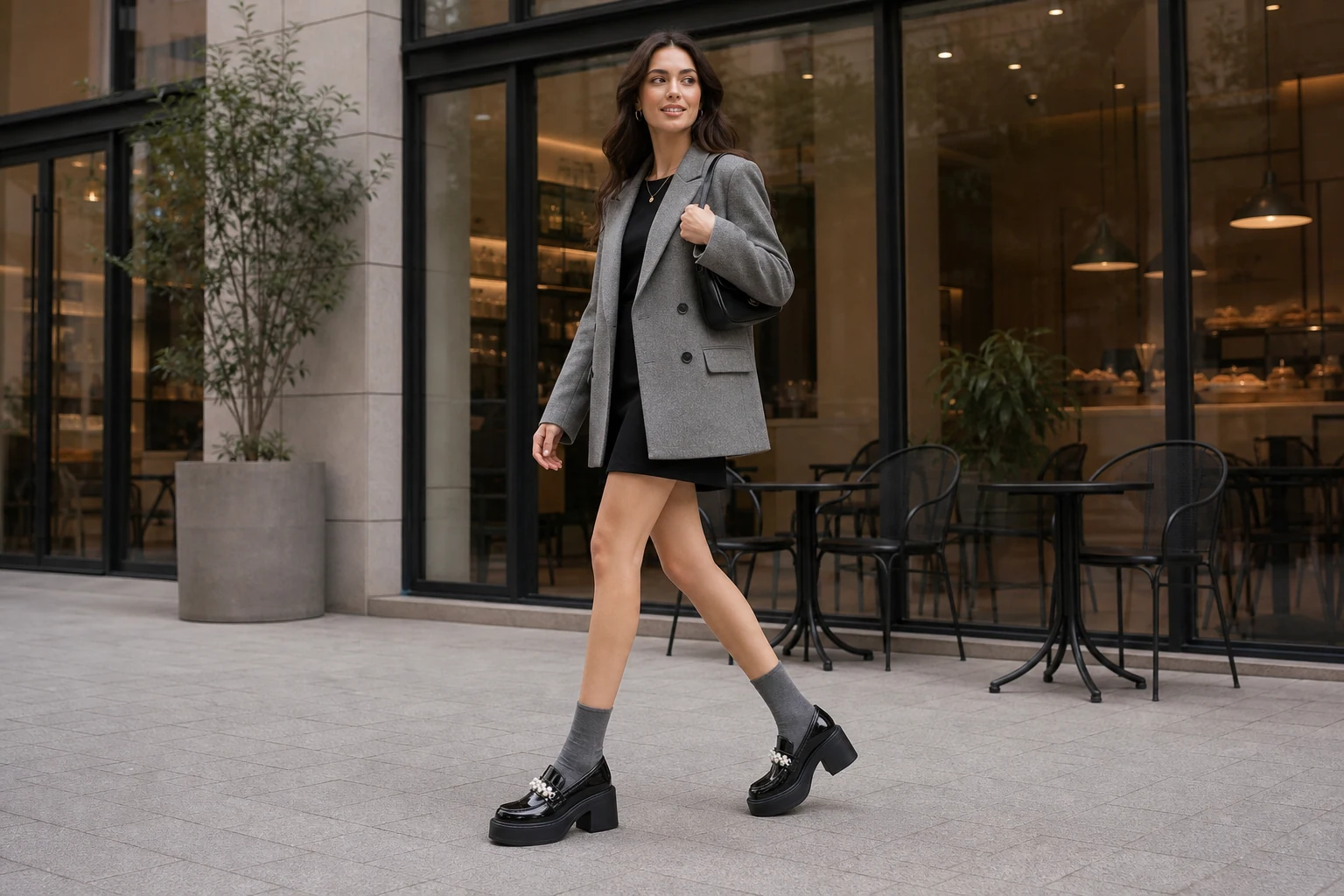 Lifestyle product-in-context scene for glossy chunky loafers