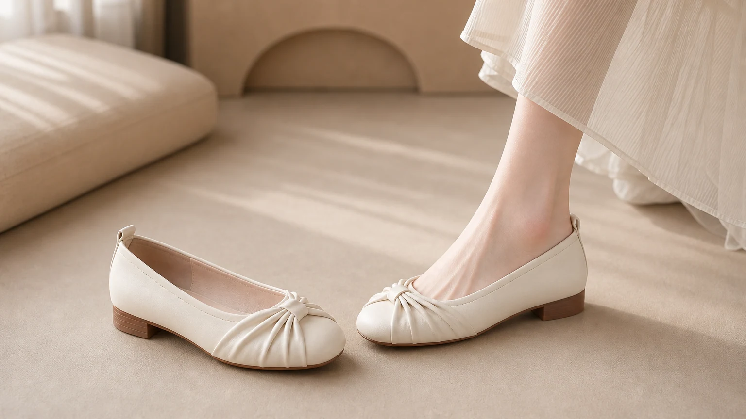Zapatos planos de vestir beige suaves con punta cuadrada diseñados en una escena de estilo de vida horizontal