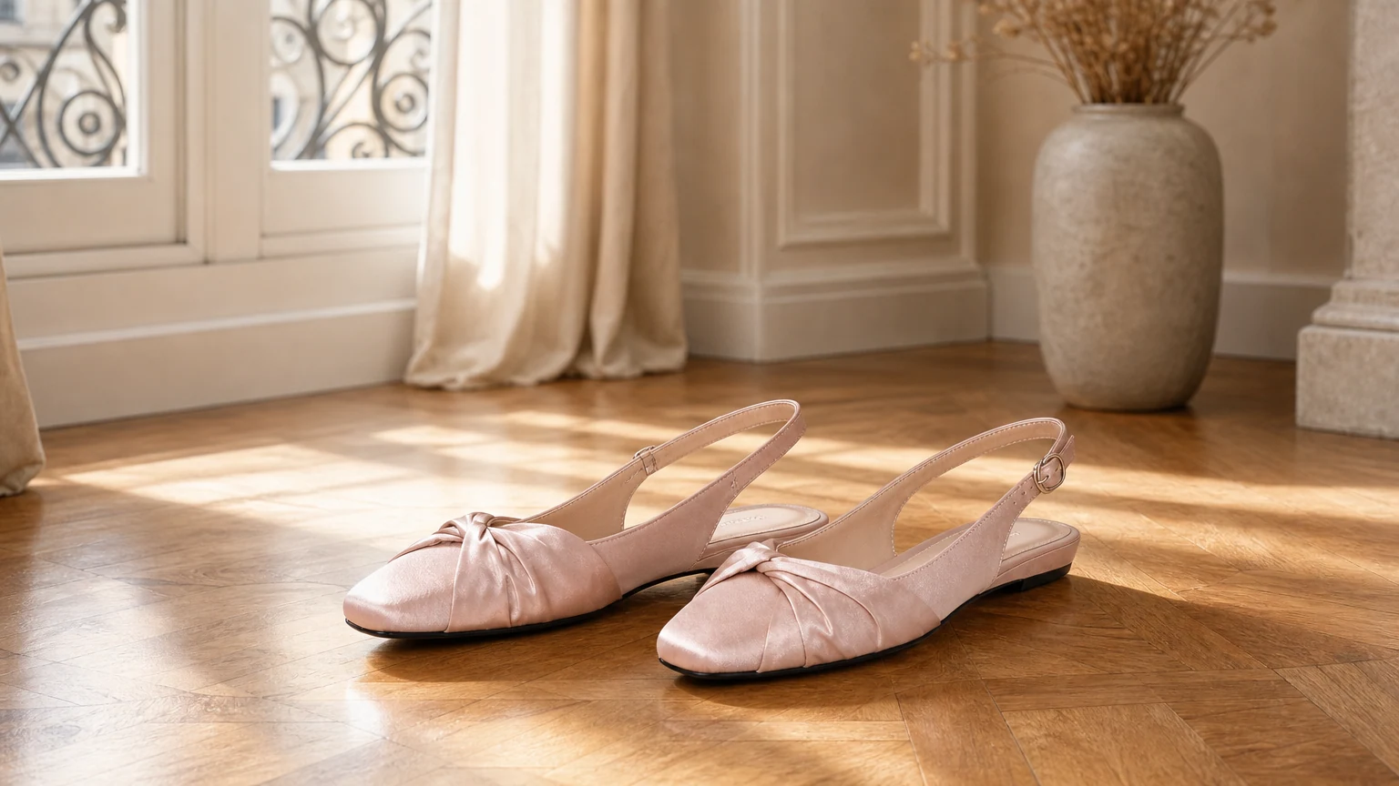 Elegantes zapatos planos con tira trasera y hebilla diseñados en una suave escena horizontal