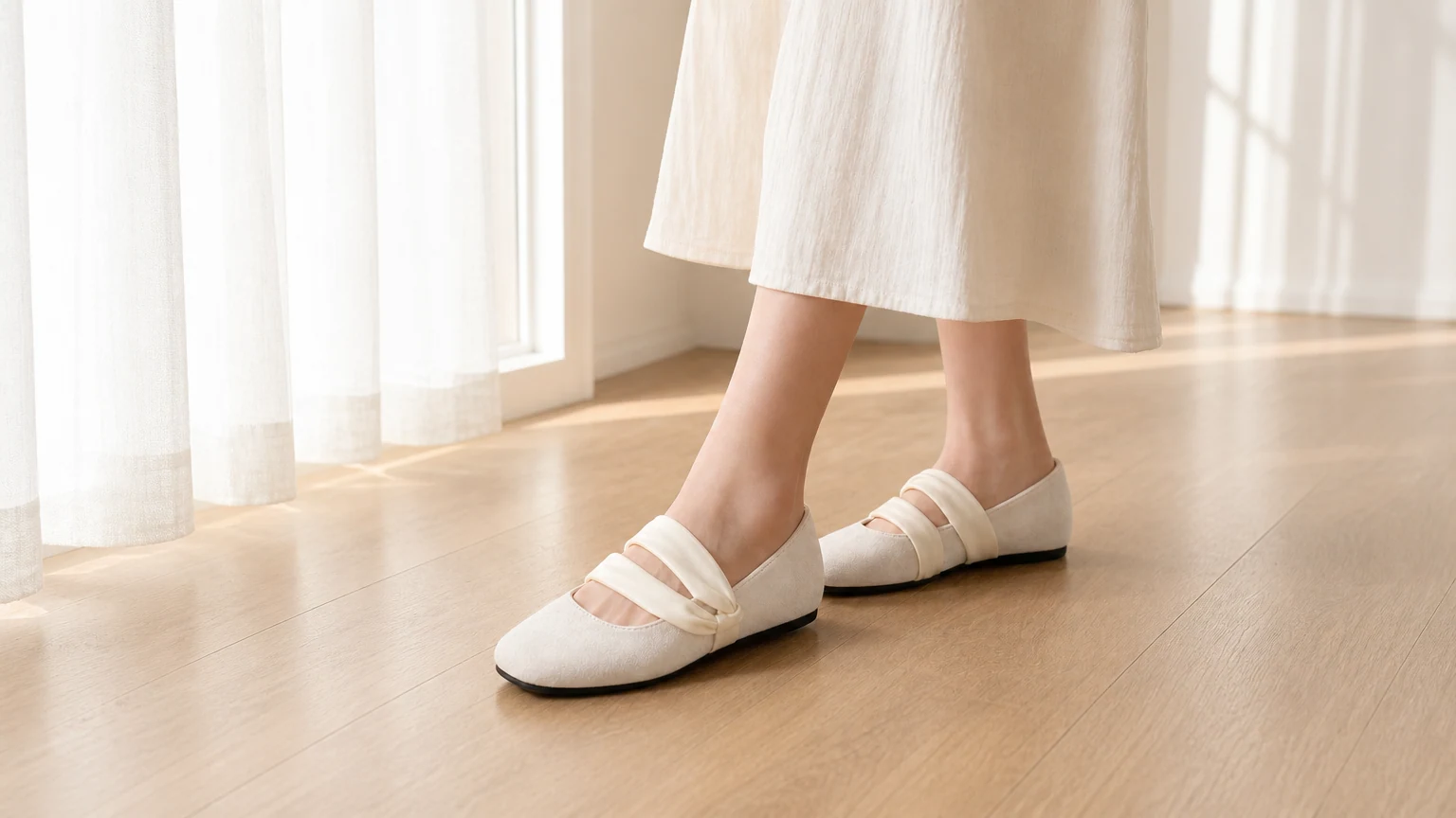 Zapatos Mary Jane con punta cuadrada diseñados en una escena de estilo de vida suave