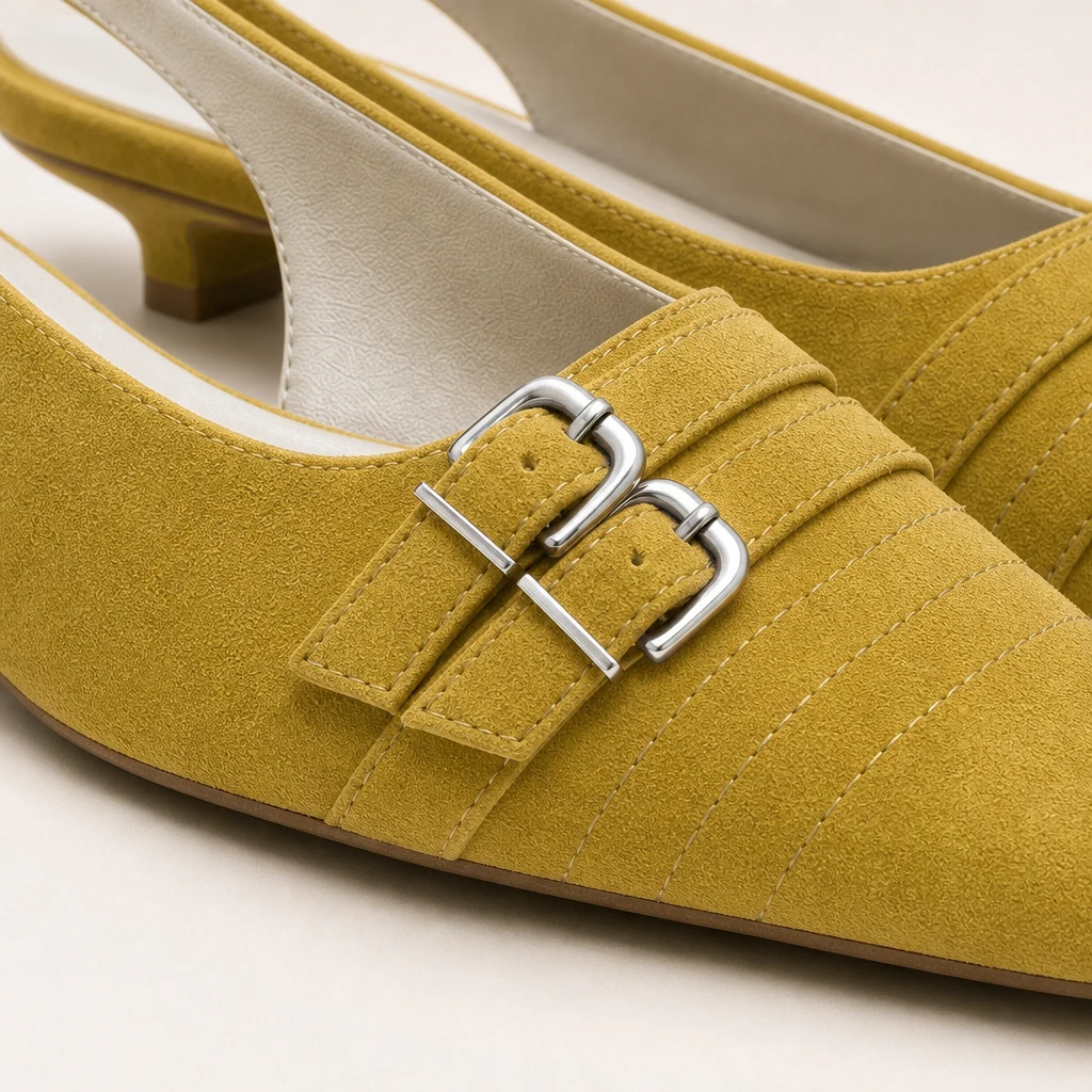 Primer plano de la parte superior texturizada y el detalle de hebilla en los zapatos planos con tira trasera