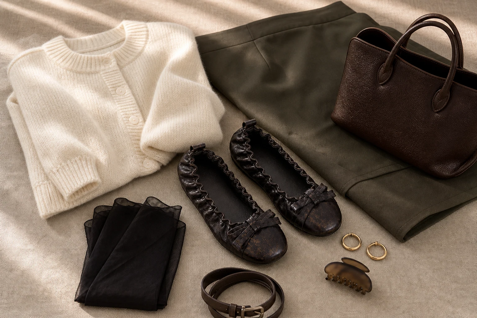 Scarpe nere con tacco piatto mostrate in una scena di prodotto lifestyle