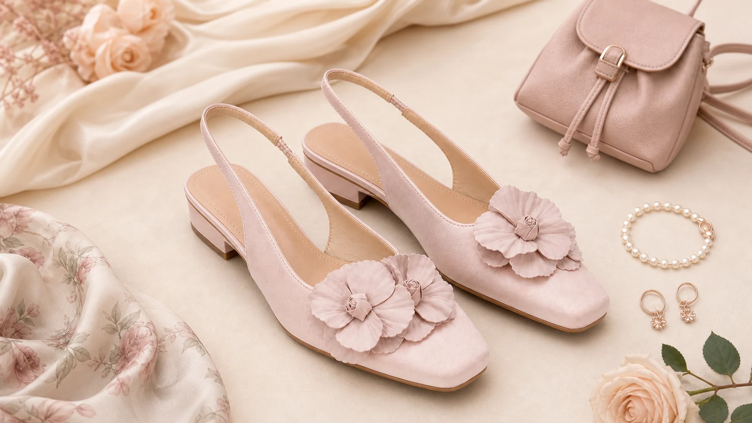 Tacones destalonados con aplique floral rosa diseñados en una escena elegante
