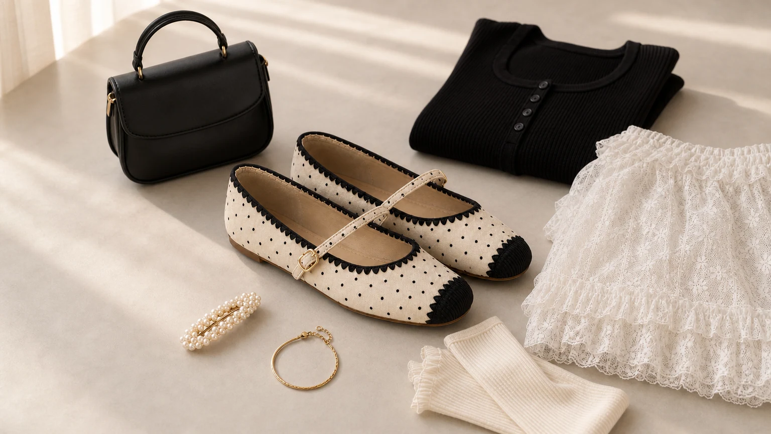 Ballerine Mary Jane con cinturino in perle in una scena in stile 16:9