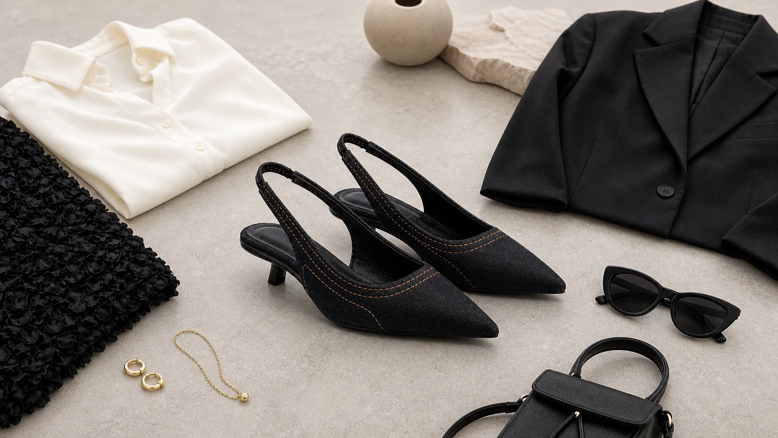 Tacones destalonados con puntera puntiaguda y adornos con tachuelas diseñados en una escena horizontal