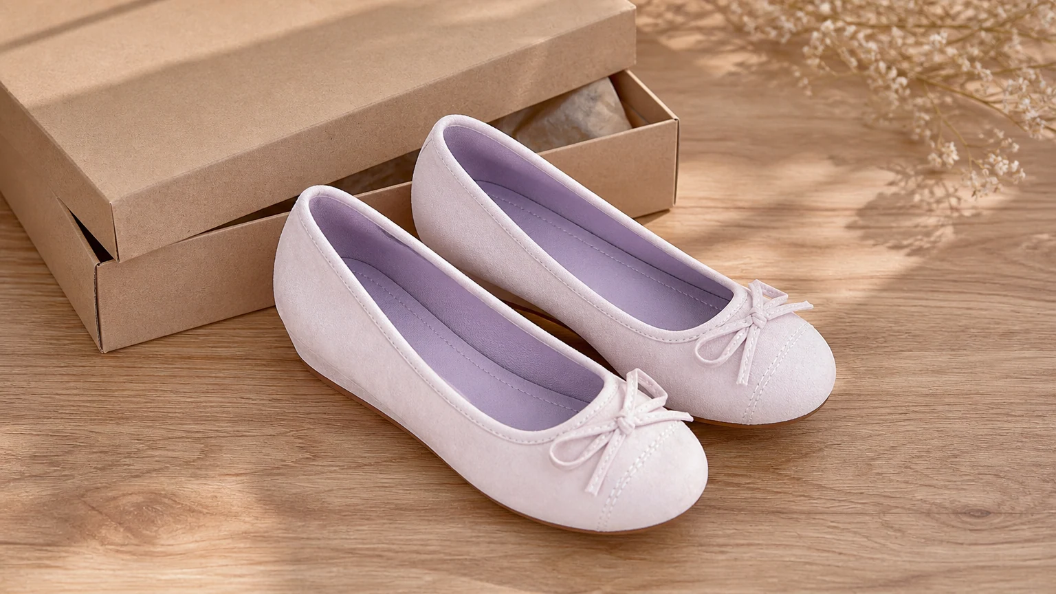 Ballerines à hauteur cachée et brides croisées d'inspiration française dans une scène de style de vie horizontale