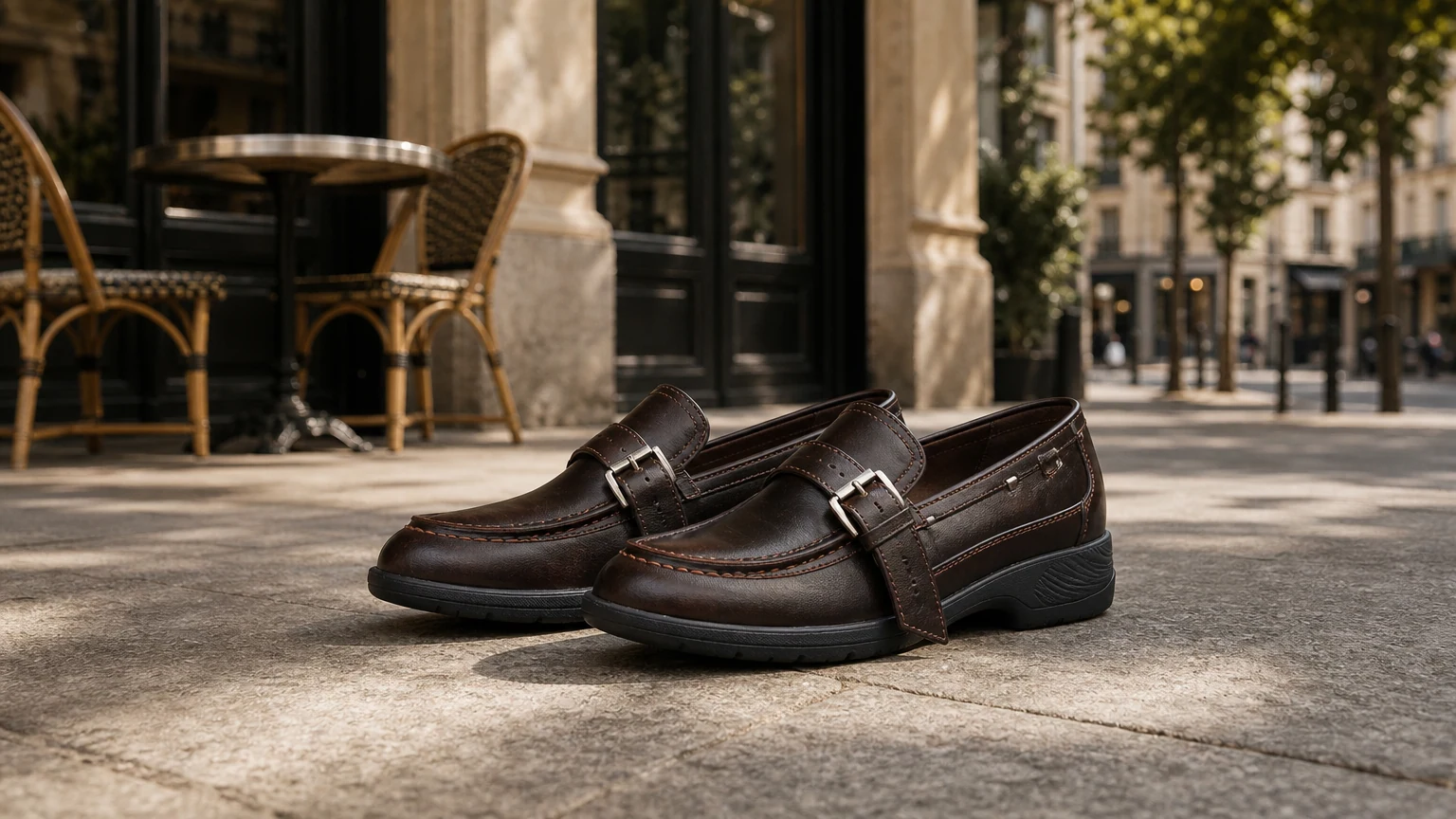 Bold strap accent women’s loafers styled in a horizontal lifestyle scene