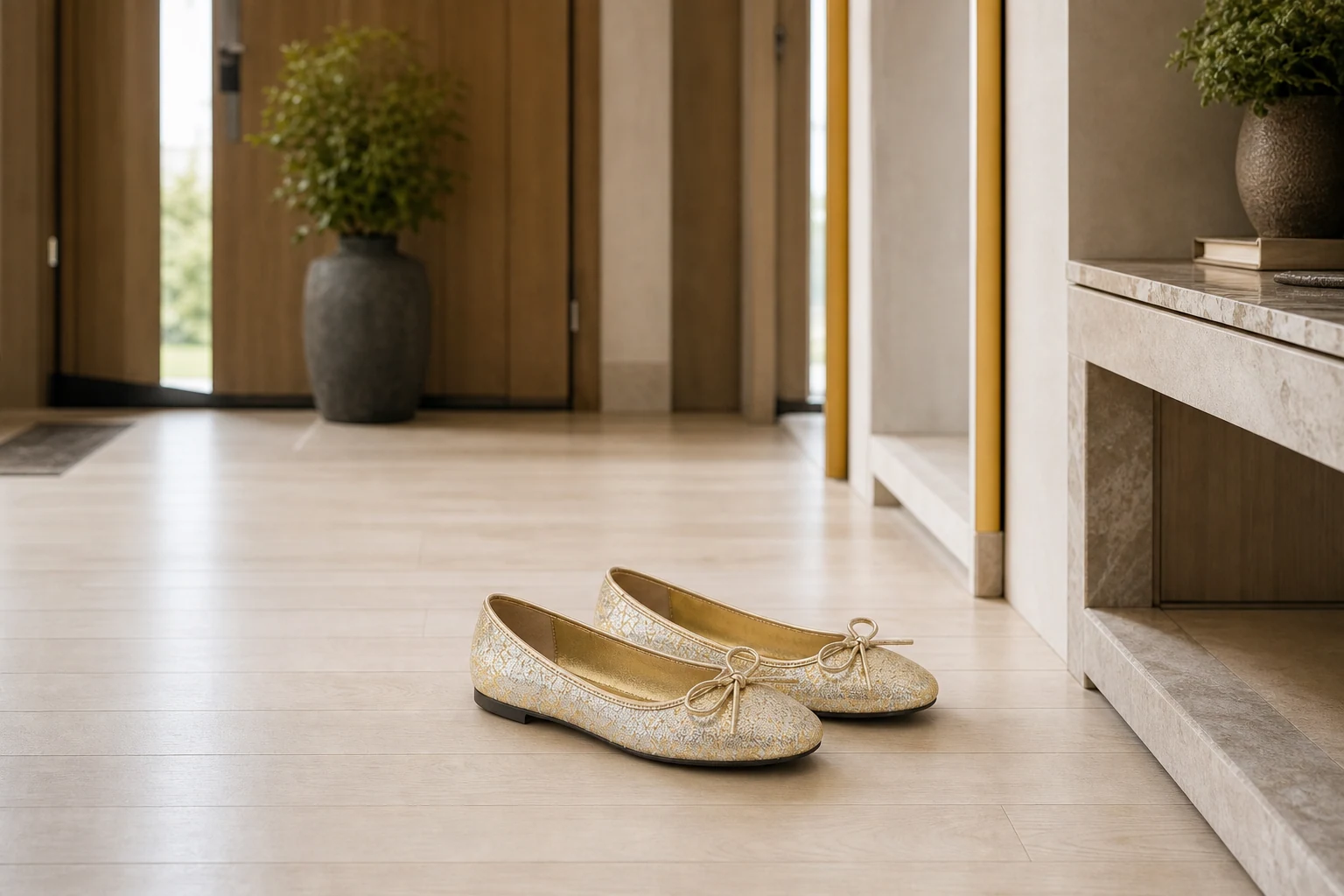 Zapatos planos con punta redonda en una escena de productos de estilo de vida