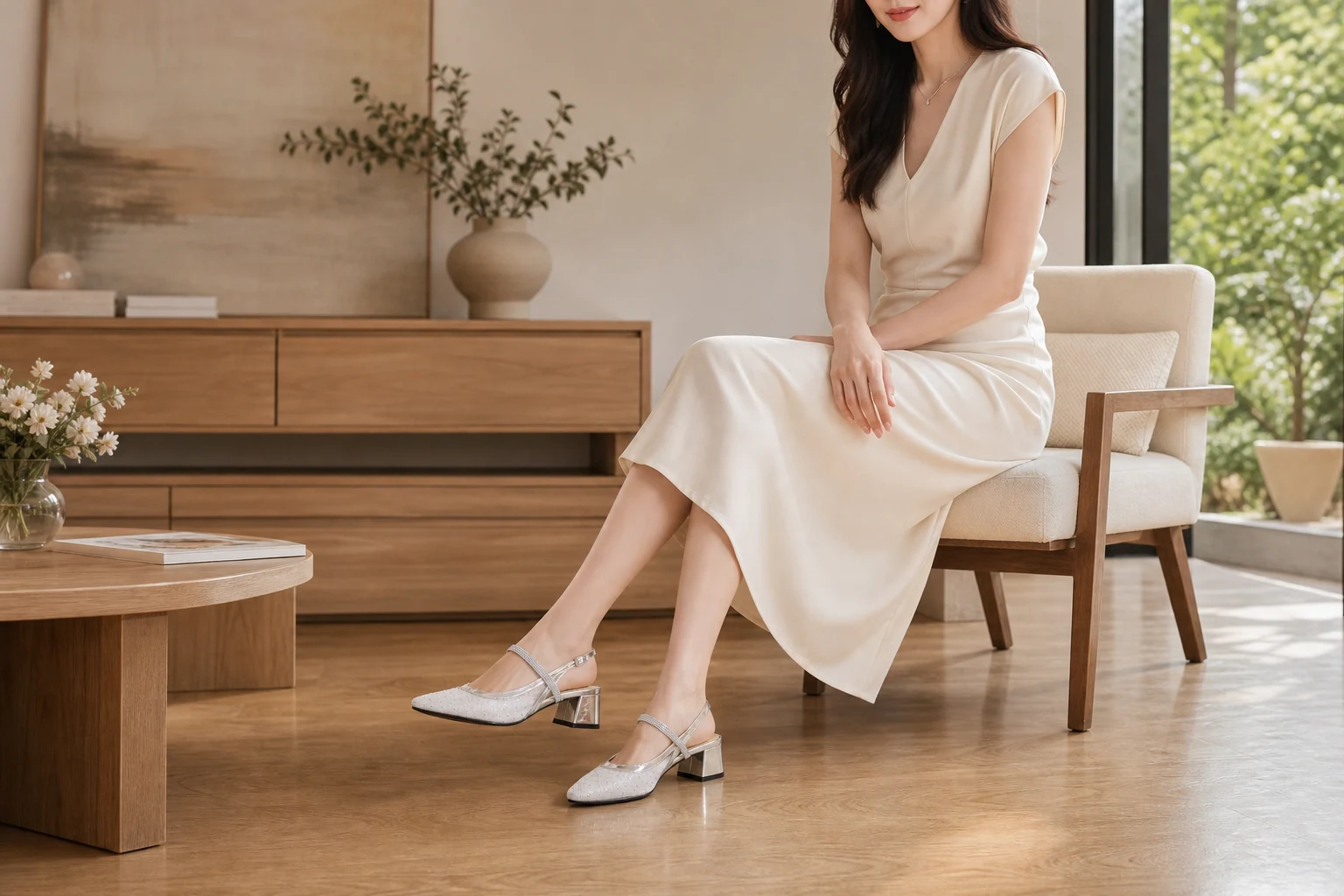 Zapatos de salón con tiras de cristal en una escena de estilo de vida