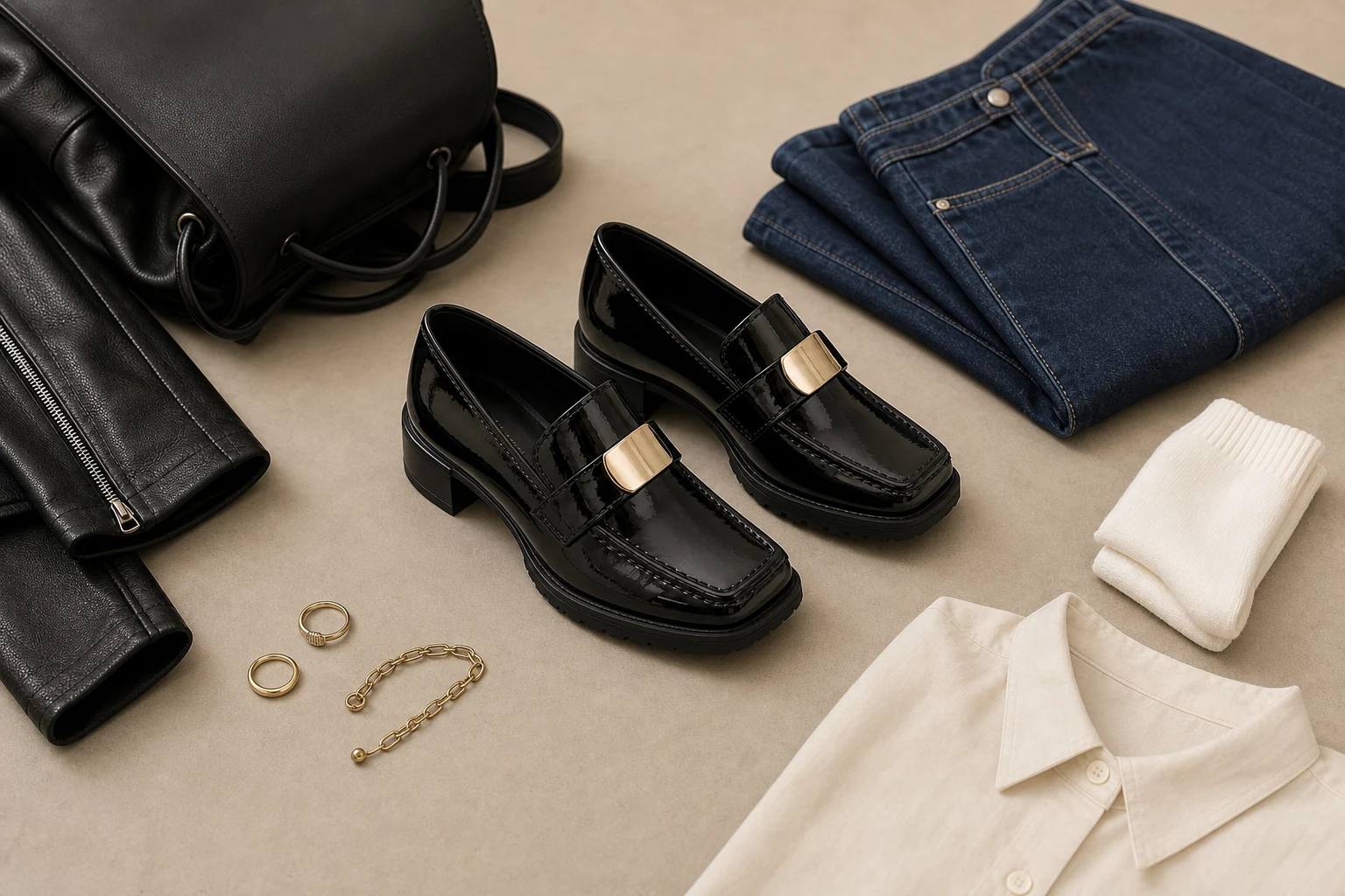 Product-in-context lifestyle scene showing the black heeled loafers