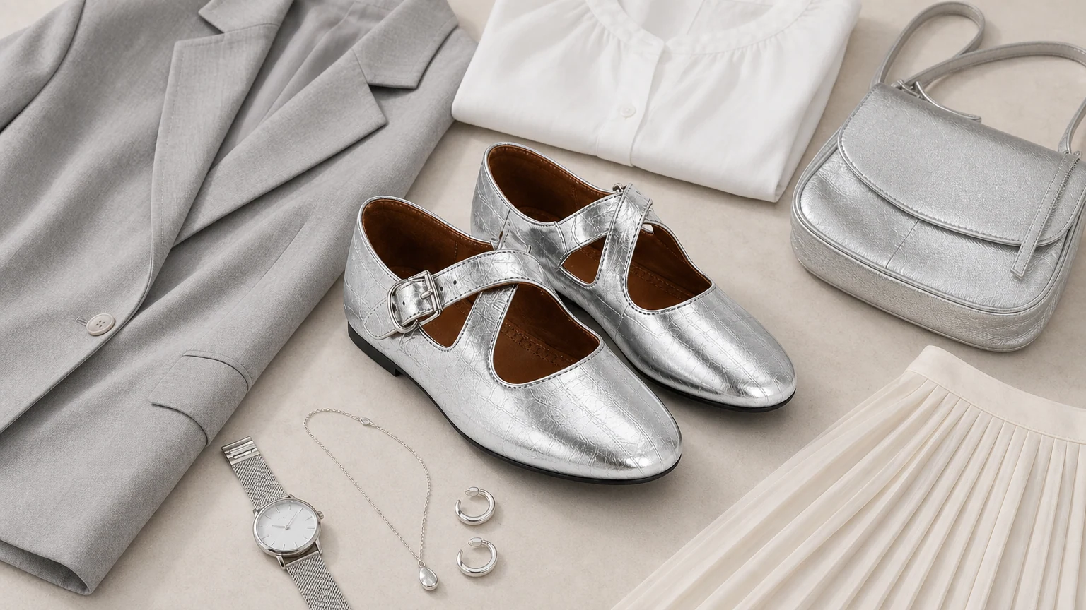 Chaussures Mary Jane argentées à hauteur cachée, stylisées dans une scène de produits horizontale