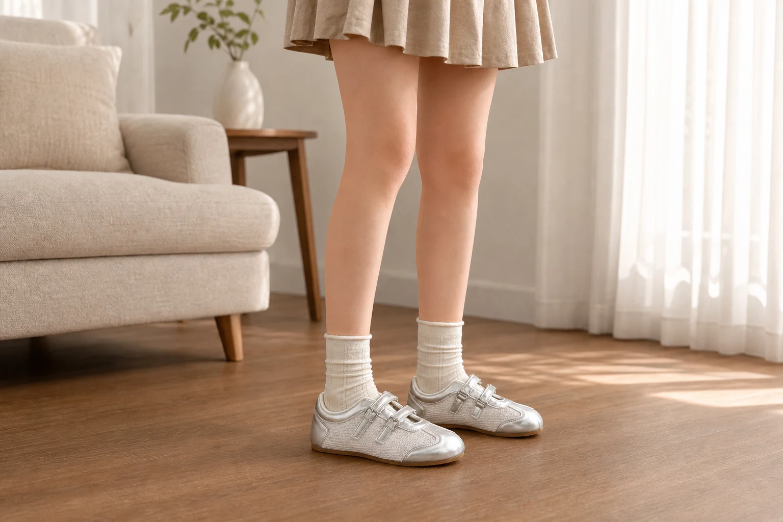 Zapatos planos con doble tira mostrados en una escena de estilo de vida con el producto completo visible