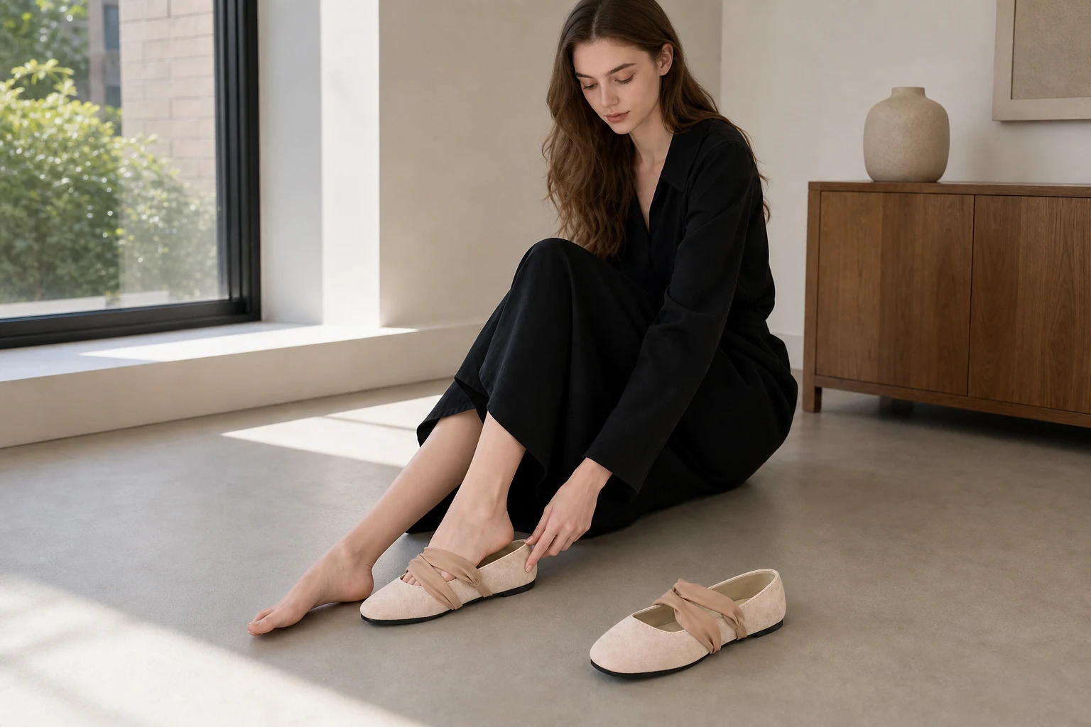 Ballerines à brides à nouer dans une scène de produit en contexte