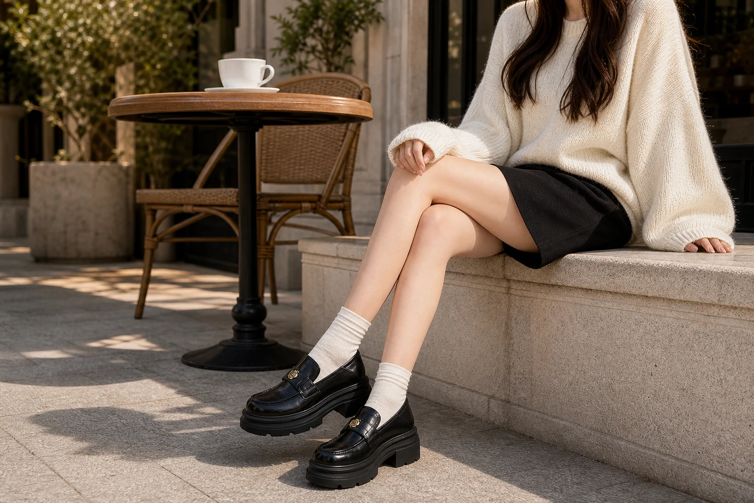 Chunky platform loafers styled in a lifestyle scene
