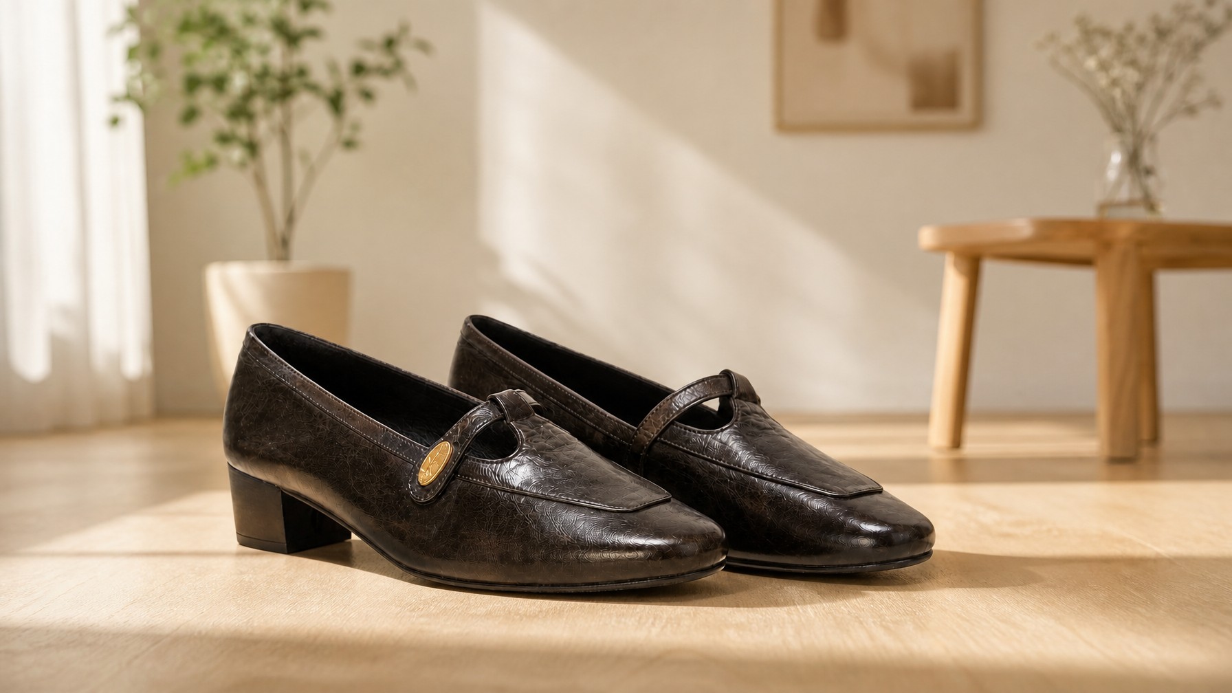 Escarpins classiques à talon stable avec sangle à boucle, conçus dans une scène de style de vie horizontale