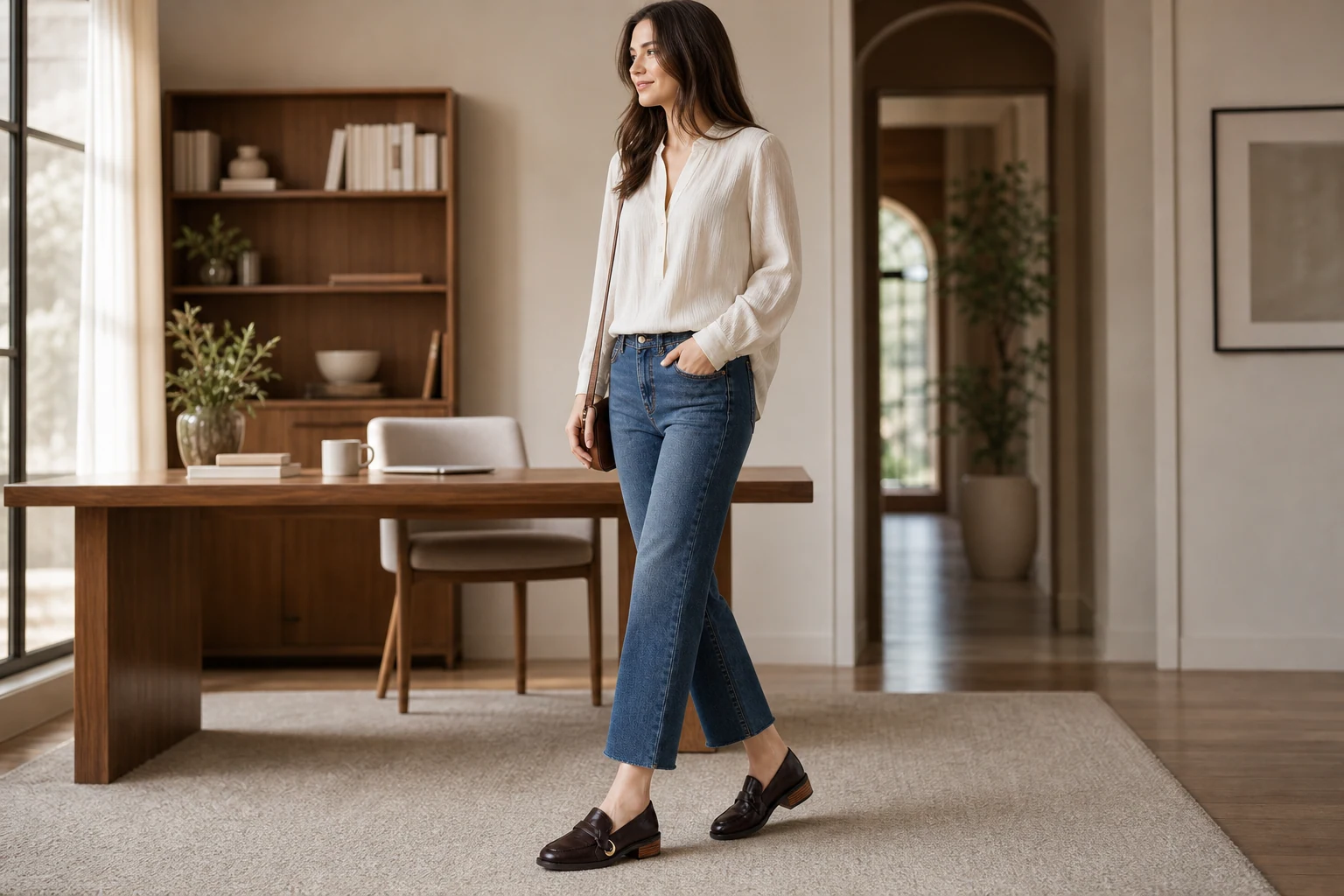Scène de style de vie montrant les mocassins dans un contexte de tenue épurée