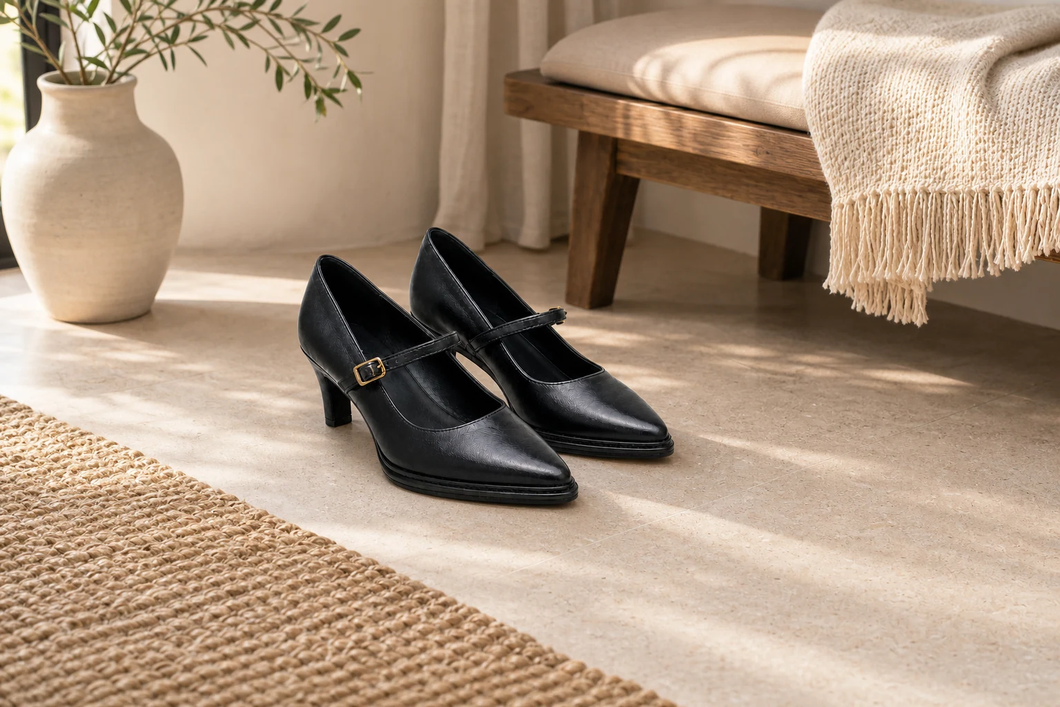 Scène de style de vie montrant la paire complète de chaussures noires à bout pointu et à talon bloc bas