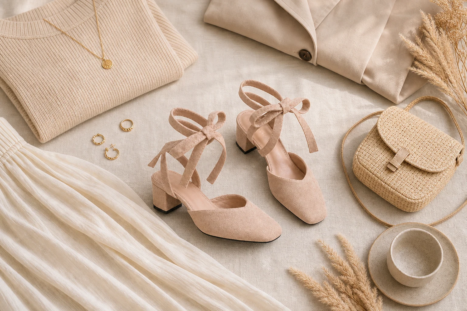 Zapatos planos con tira de lazo en una escena de estilo de vida