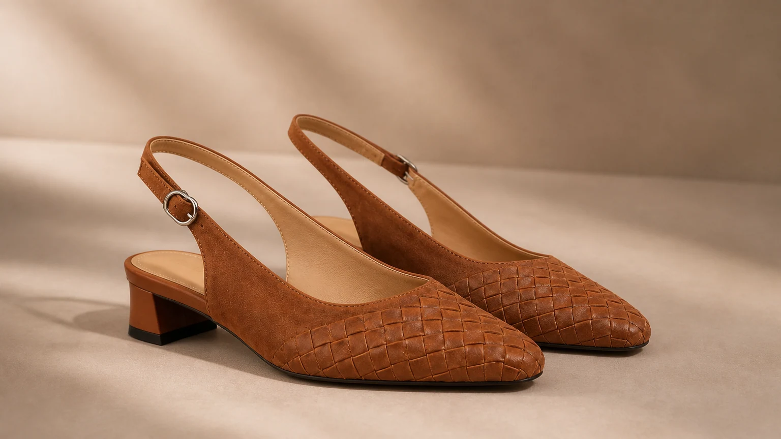 Zapatos destalonados con tacón bajo en bloque trenzados diseñados en una cálida escena editorial