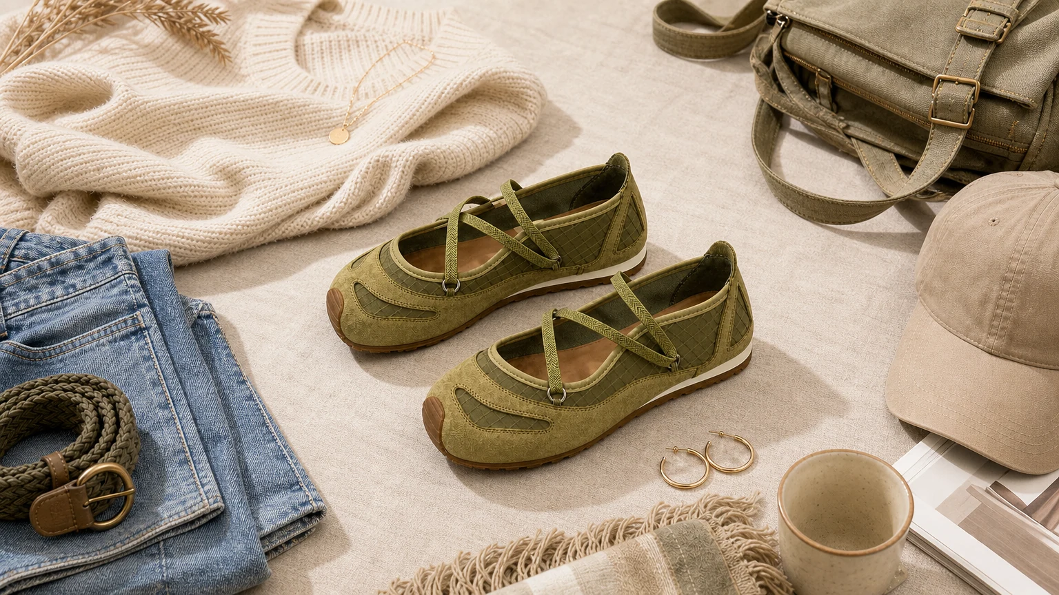 Chaussures Mary Jane respirantes à coupe peu profonde, conçues dans une scène de style de vie douce