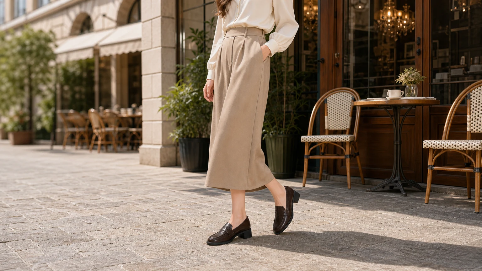 Structured round toe cushioned walking loafers styled in a work-ready scene