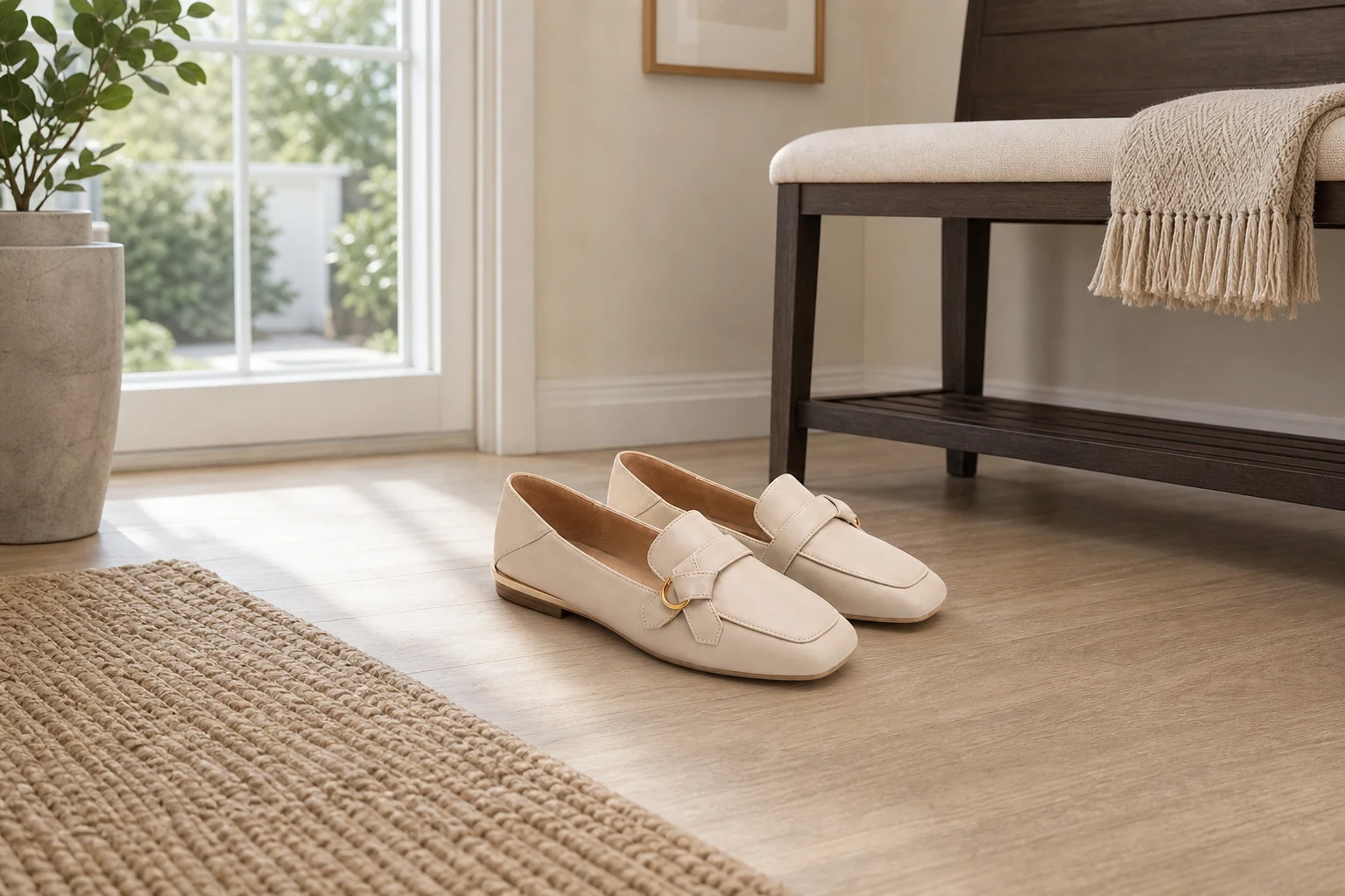 Scène de style de vie montrant des mocassins de bureau en contexte