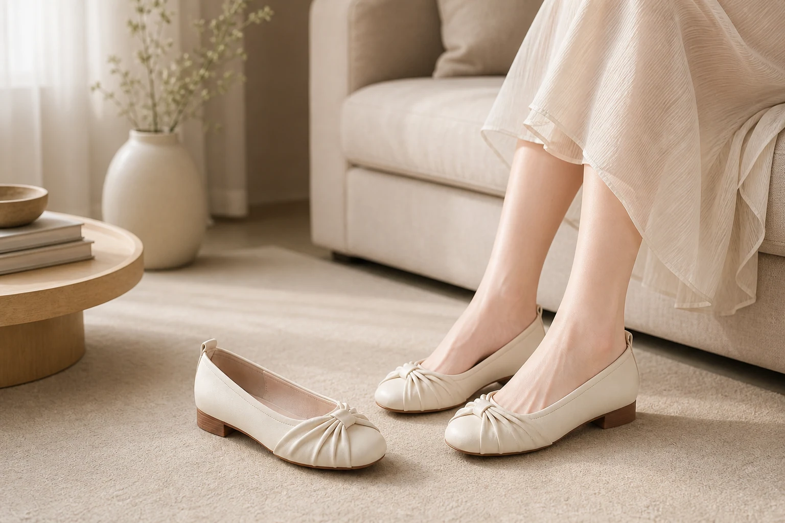 Zapatos planos beige suaves con punta cuadrada en una escena de estilo de vida