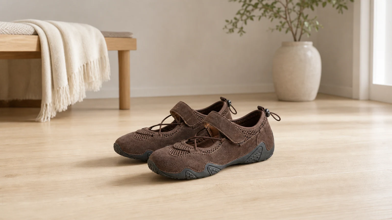 Sneaker sportive Mary Jane realizzate in una scena di lifestyle orizzontale