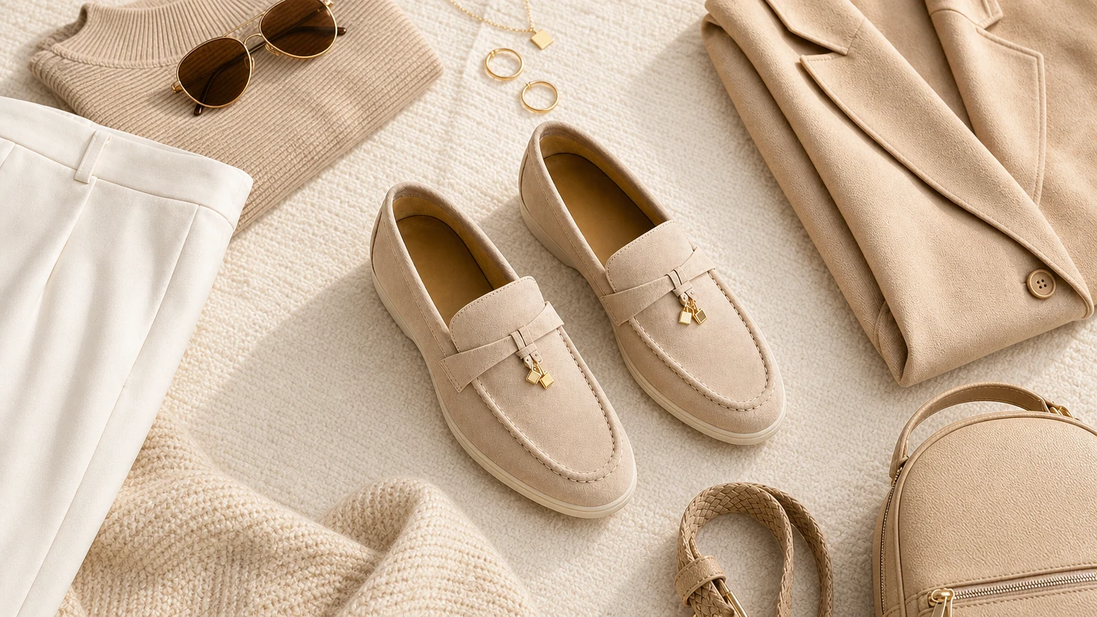 Apricot tassel loafers styled in a warm everyday outfit scene