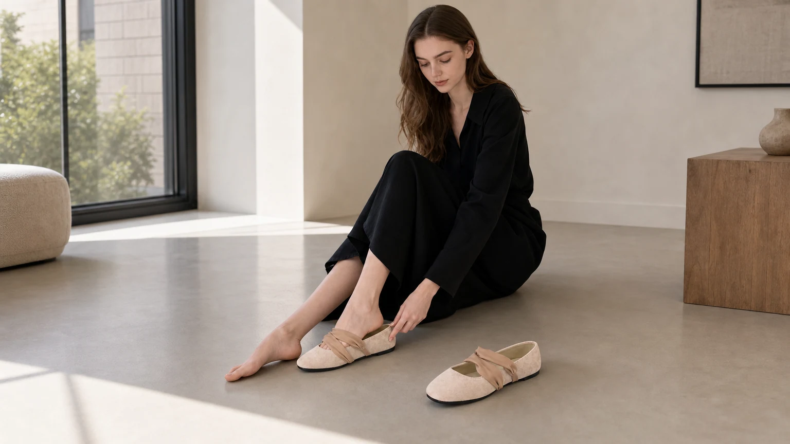Ballerines élégantes à brides à nouer, conçues dans une douce scène printanière