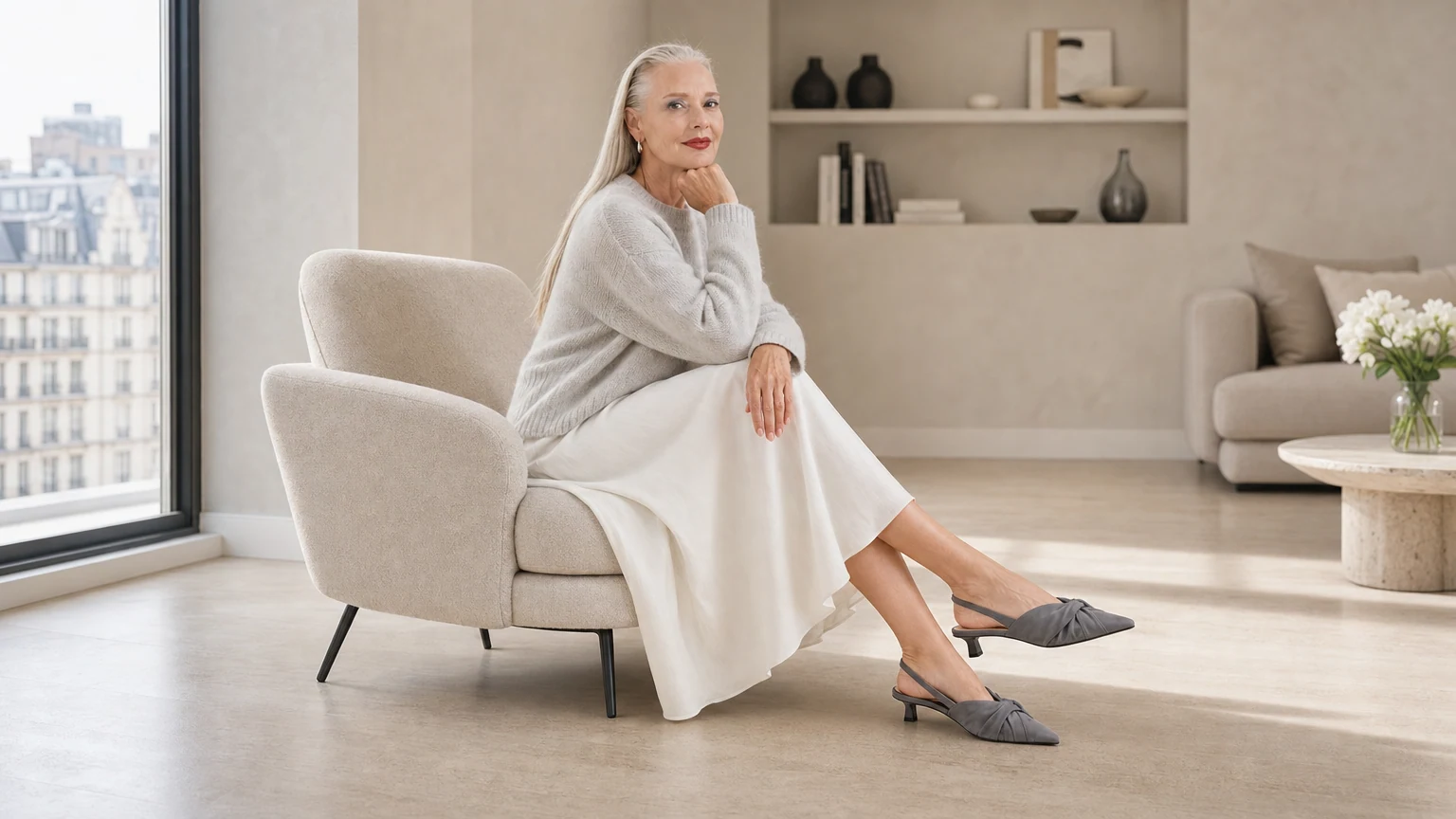 Elegantes zapatos de tacón bajo con tira trasera en gris, diseñados en una escena horizontal