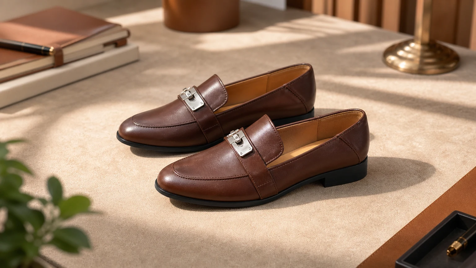 Polished low heel office loafers in an editorial lifestyle scene