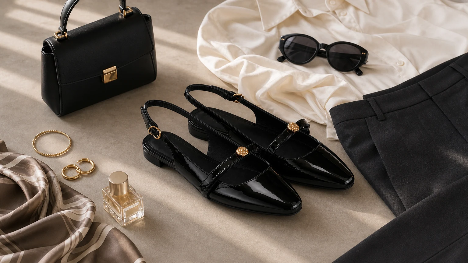 Elegantes zapatos de tacón bajo con tira trasera diseñados en una escena de moda horizontal.
