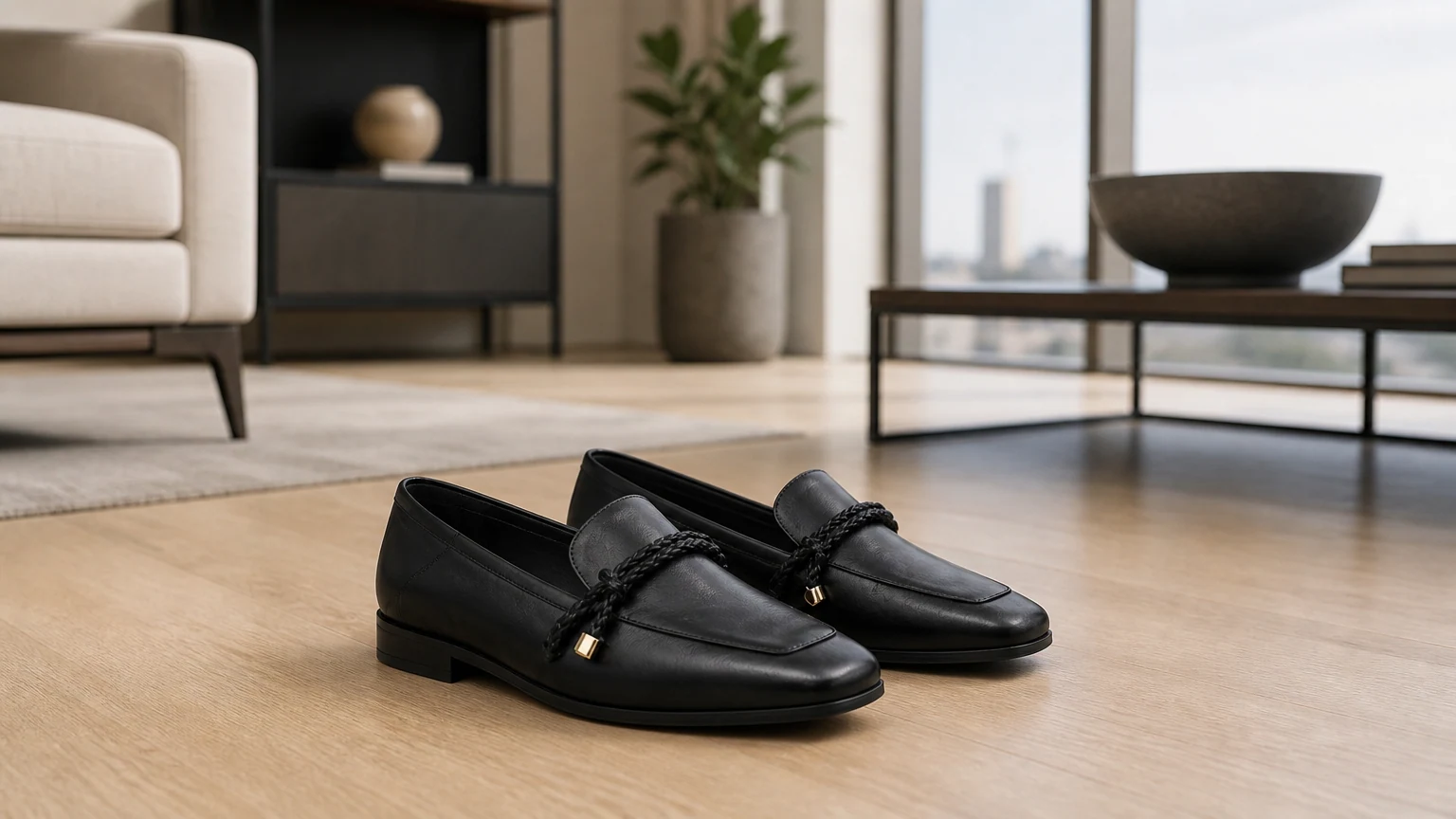 Chaussures confortables structurées noires à bout carré, conçues dans une scène de style de vie