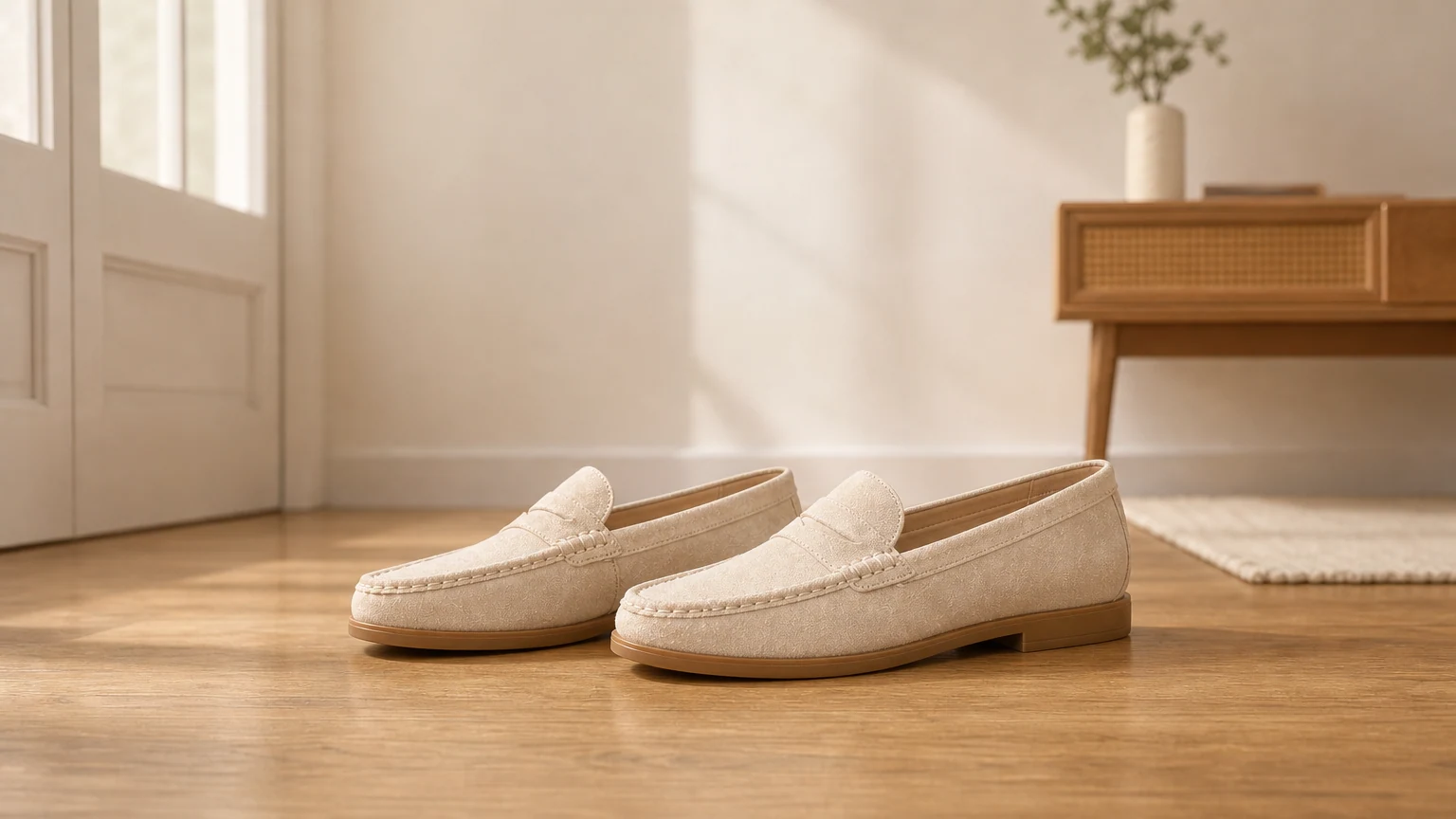 Mocassins plats décontractés à enfiler conçus dans une scène de style de vie horizontale