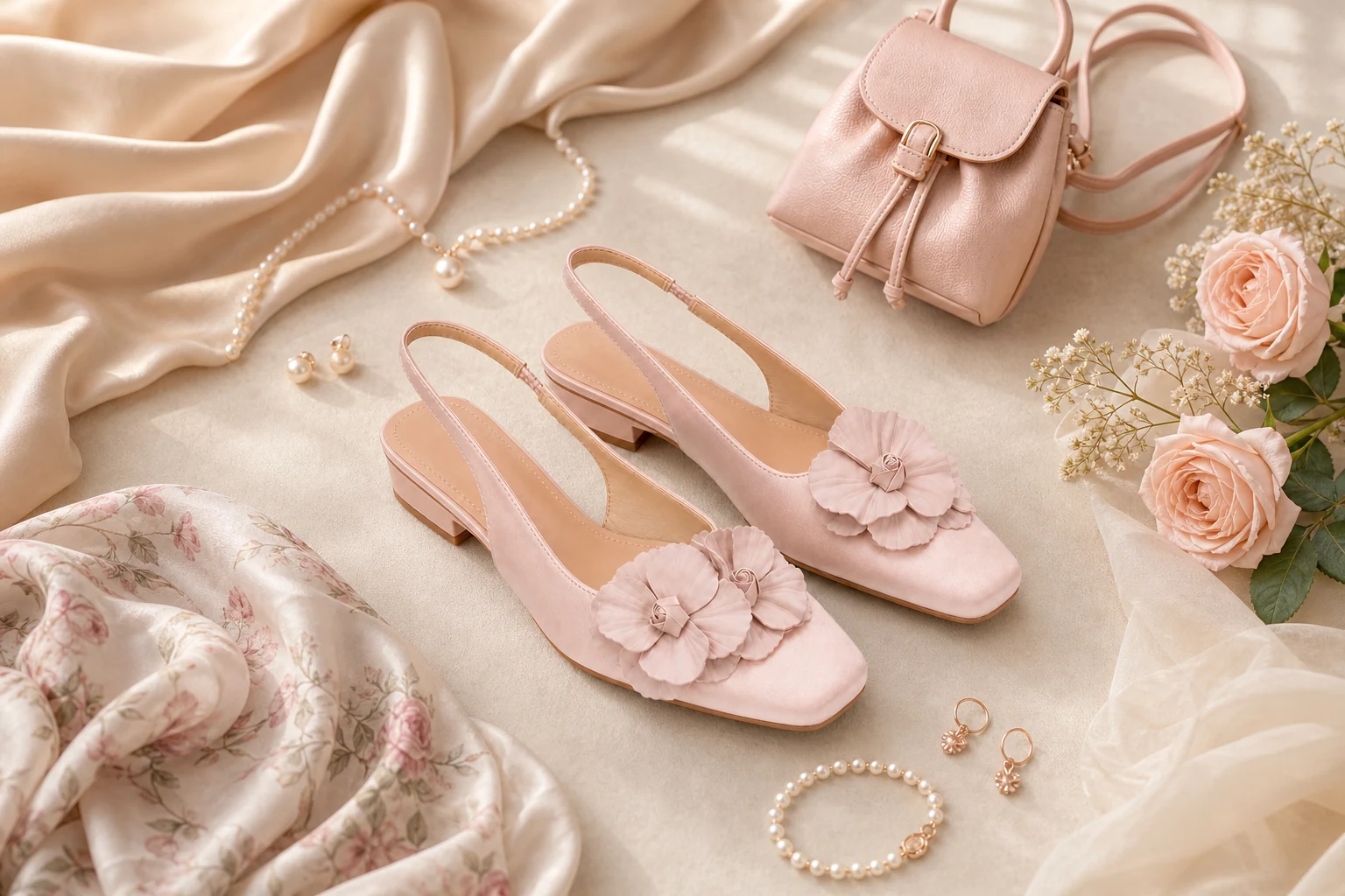 Tacones destalonados florales rosas en una escena de productos de estilo de vida