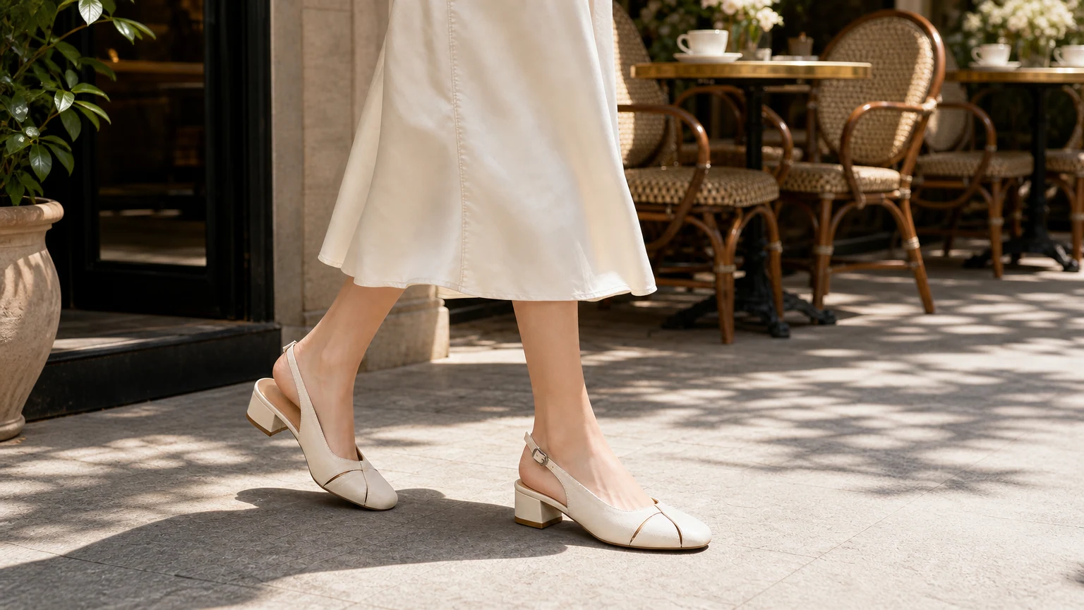 Tacones destalonados con punta cuadrada y abertura color crema en una escena de estilo de vida editorial