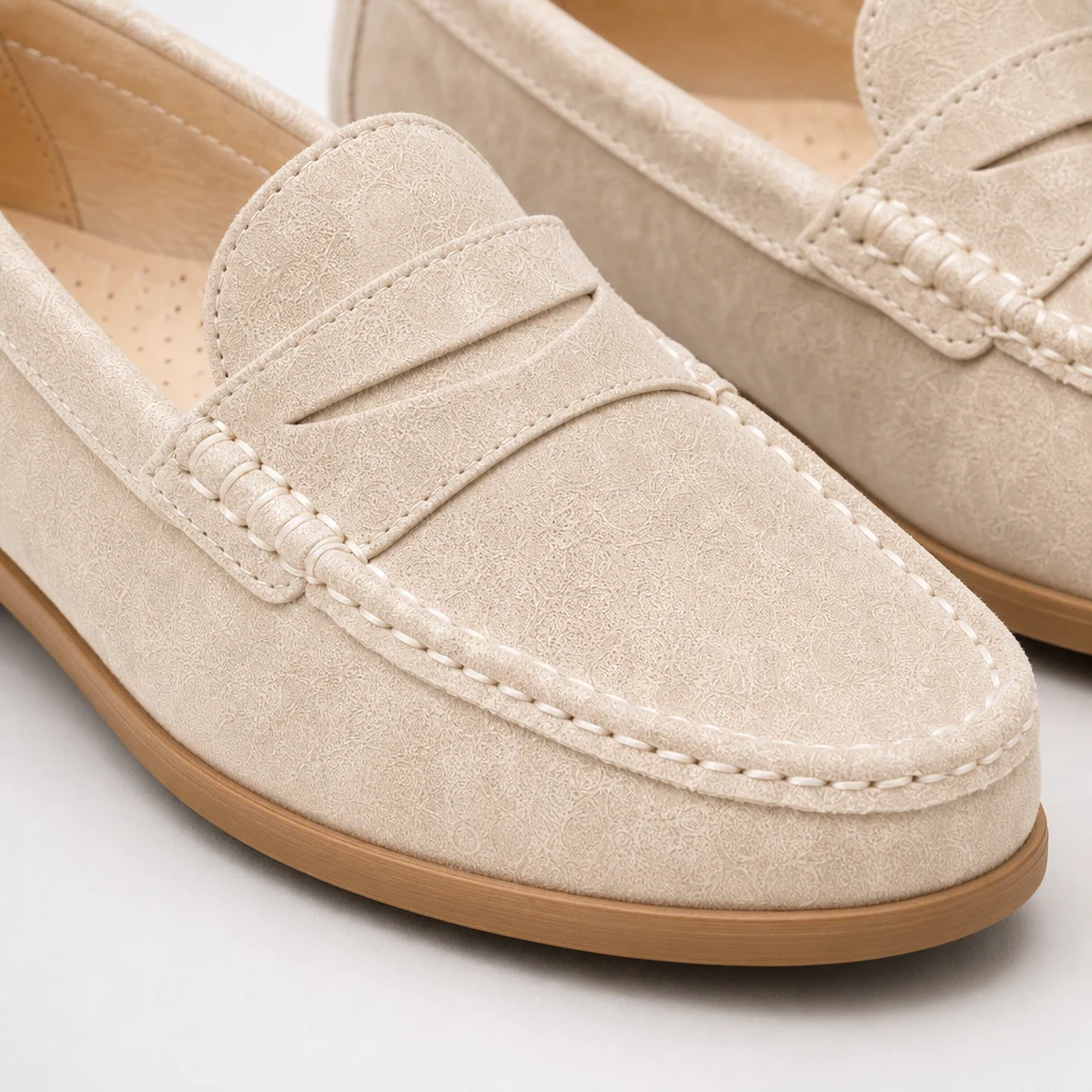 Gros plan sur la tige souple et les coutures des mocassins