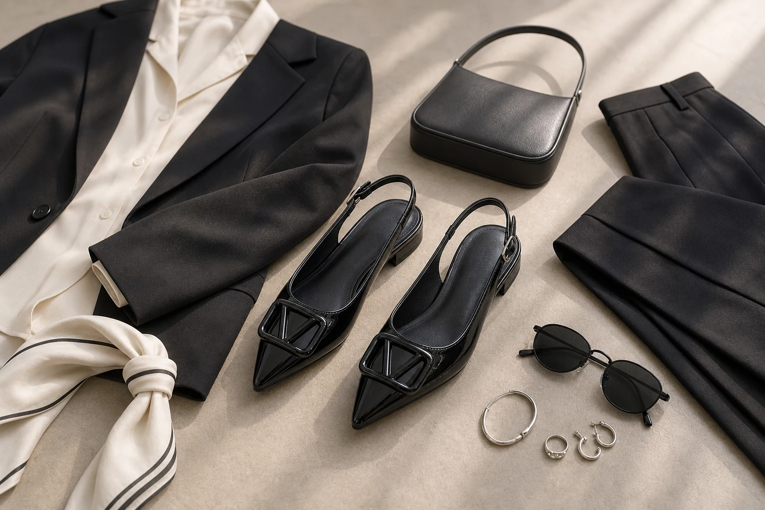 Zapatos planos de vestir con detalle de hebilla diseñados en una escena de productos de estilo de vida